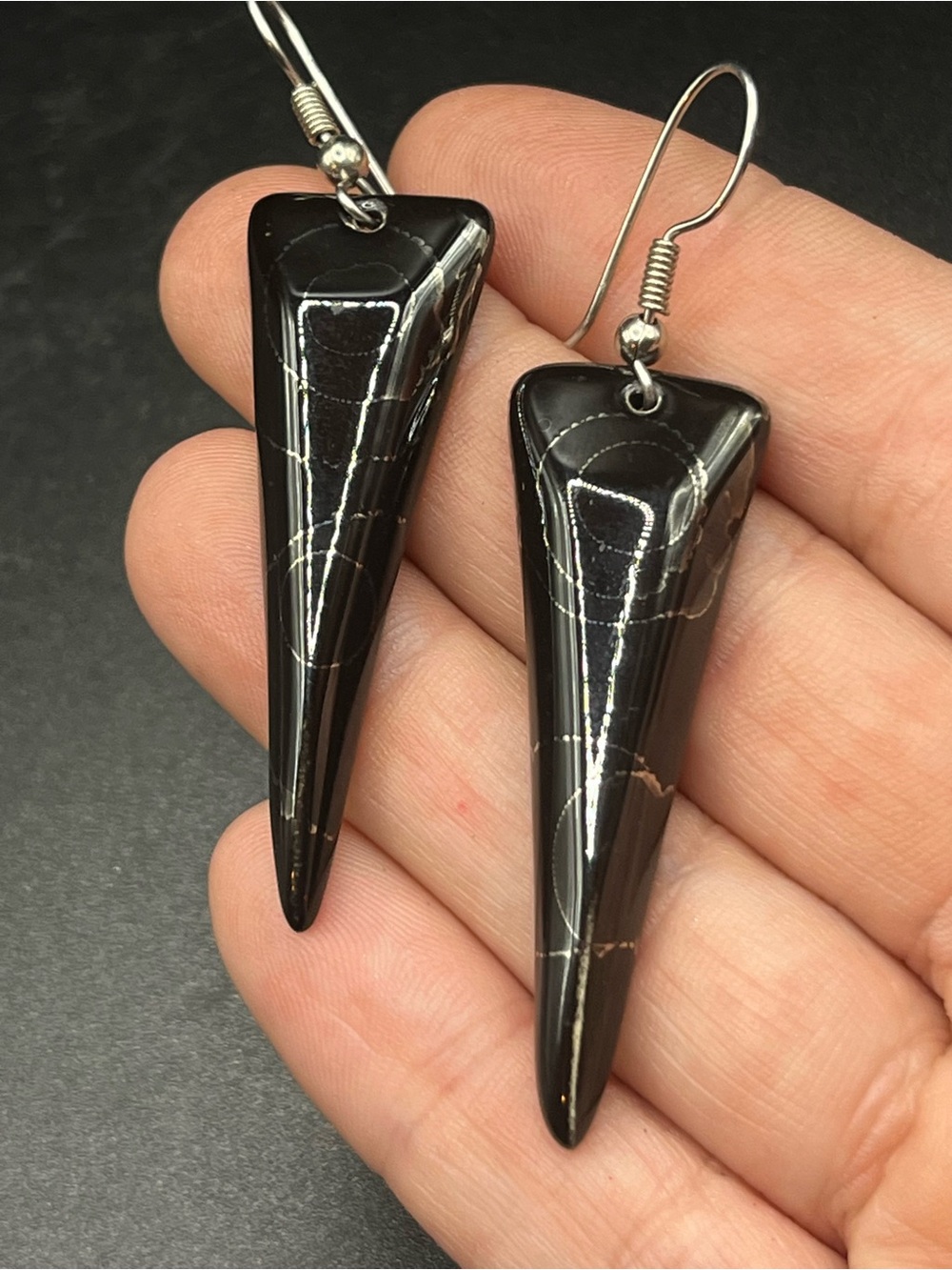 Vtg Modernist Ceramic Glazed Black & Silver Earrings